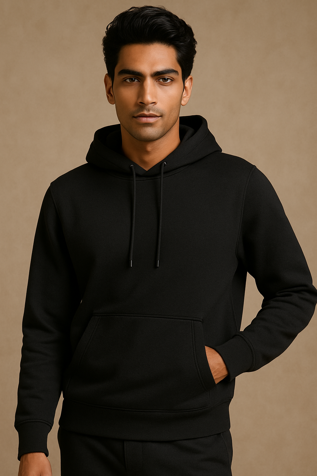 Man wearing a black hoodie against a beige background