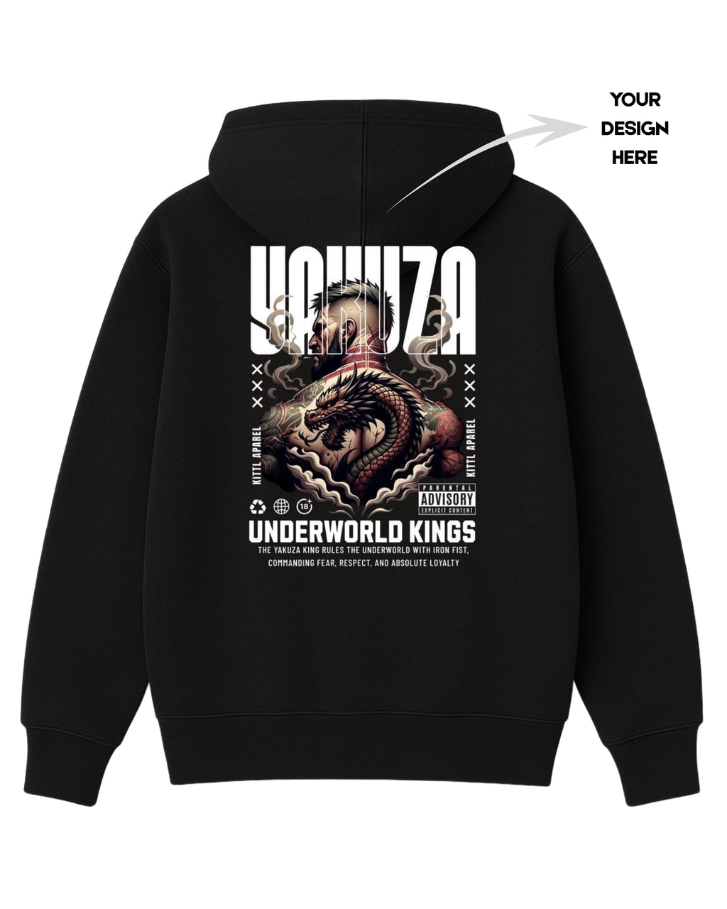 Black hoodie with graphic design on the back, featuring text and a dragon-like creature.