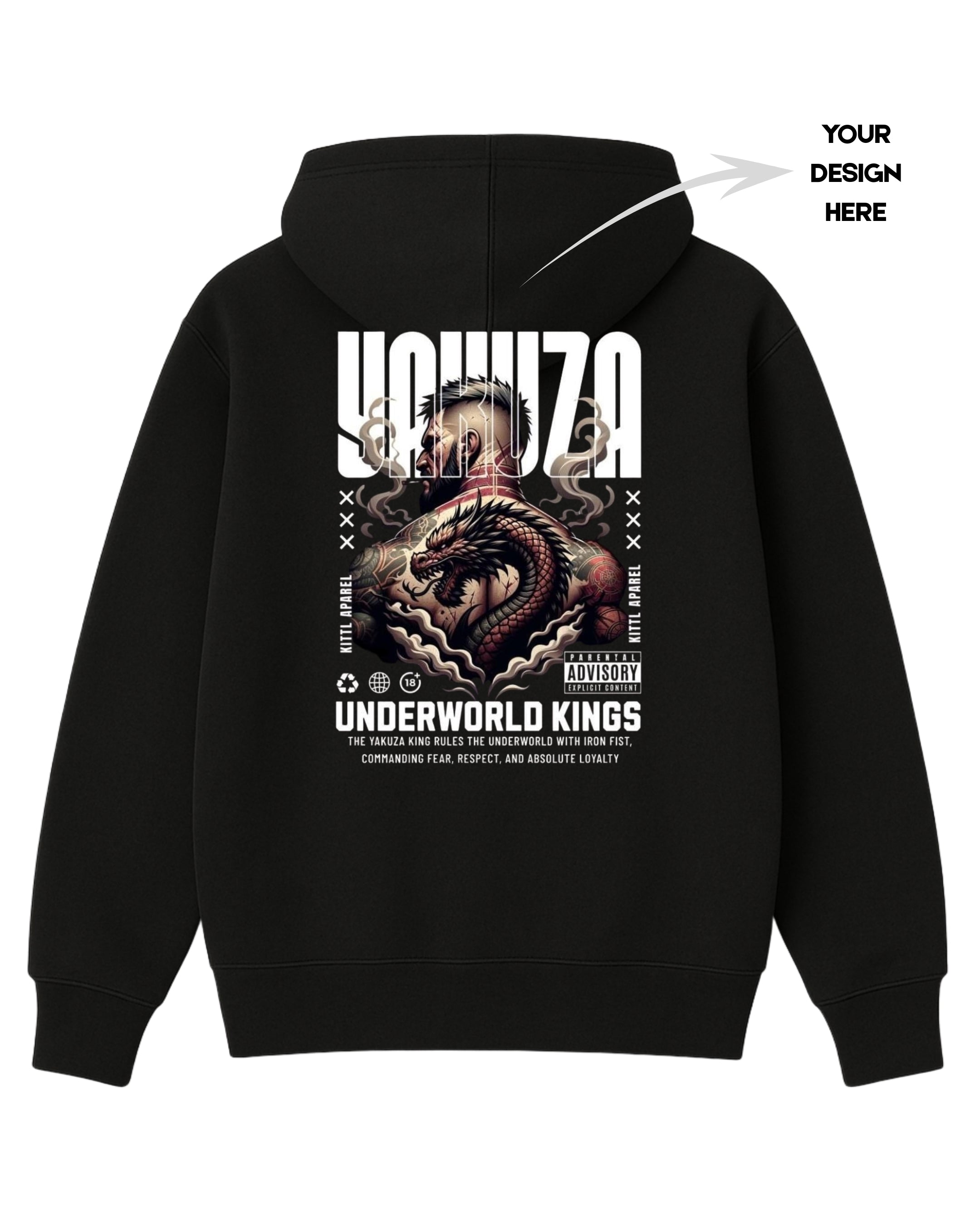 Black hoodie with graphic design on the back, featuring text and a dragon-like creature.