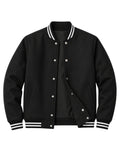 Bondfleece Black varsity jacket with white accents on a white background