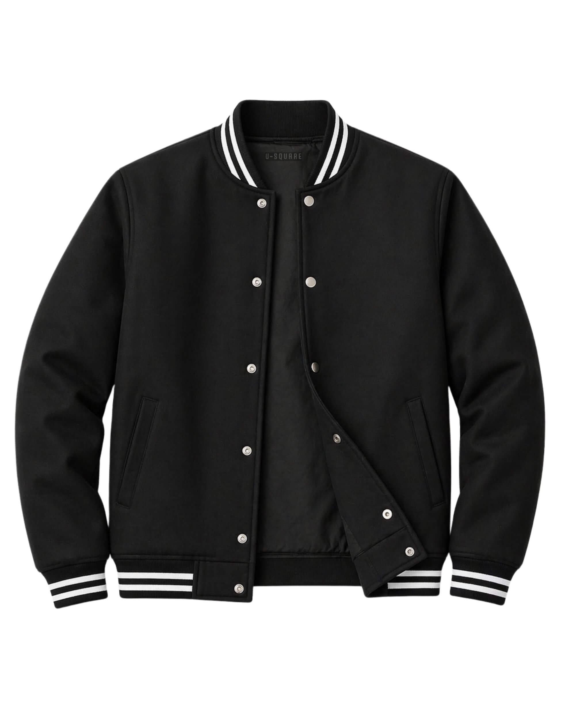 Bondfleece Black varsity jacket with white accents on a white background