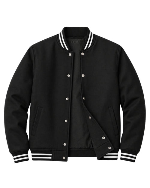 Bondfleece Black varsity jacket with white accents on a white background