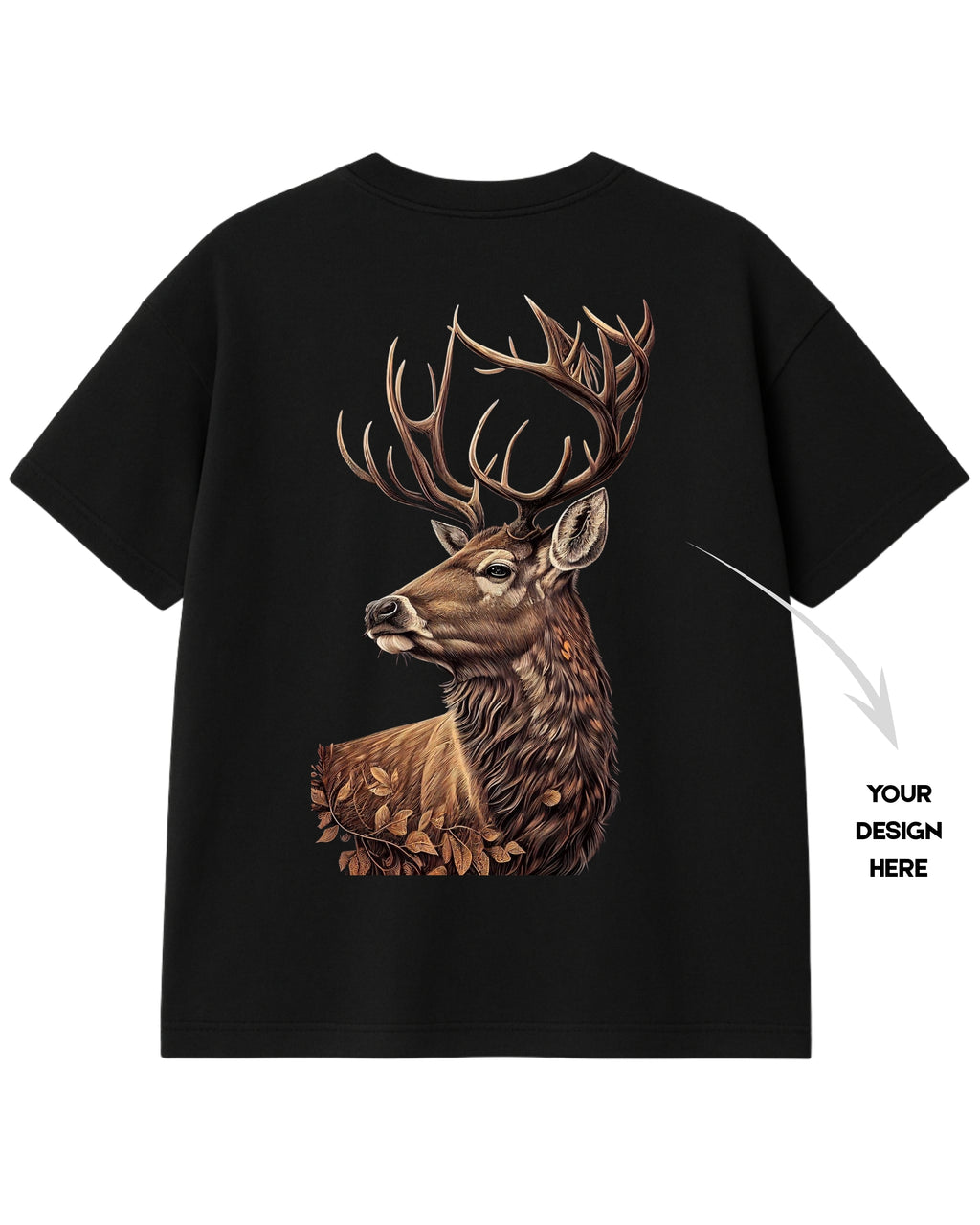 Black t-shirt with a deer graphic on a white background