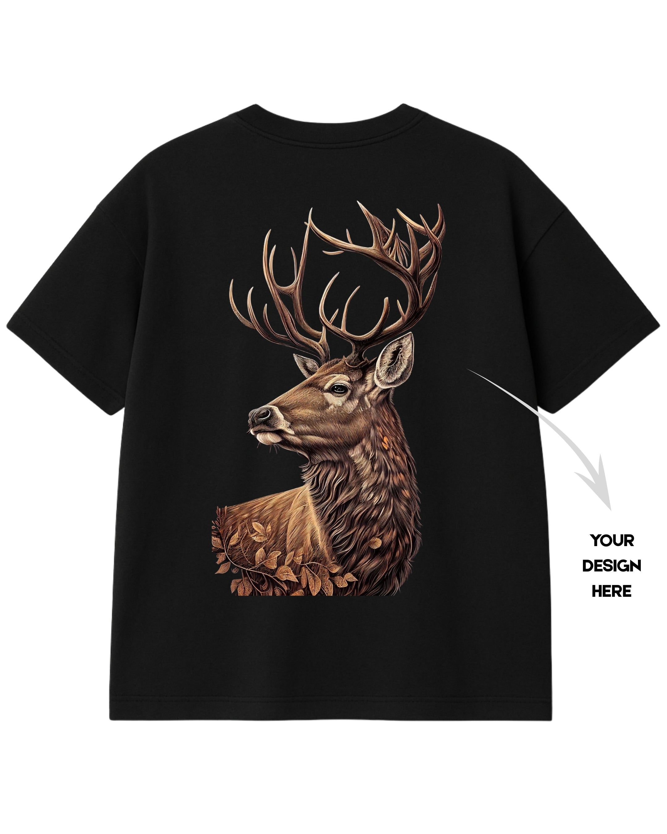 Black t-shirt with a deer graphic on a white background