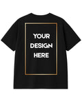 Black t-shirt with a gold frame and placeholder text 'Your Design Here' on a white background