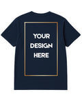 Navy blue t-shirt with a gold border and text placeholder on a white background