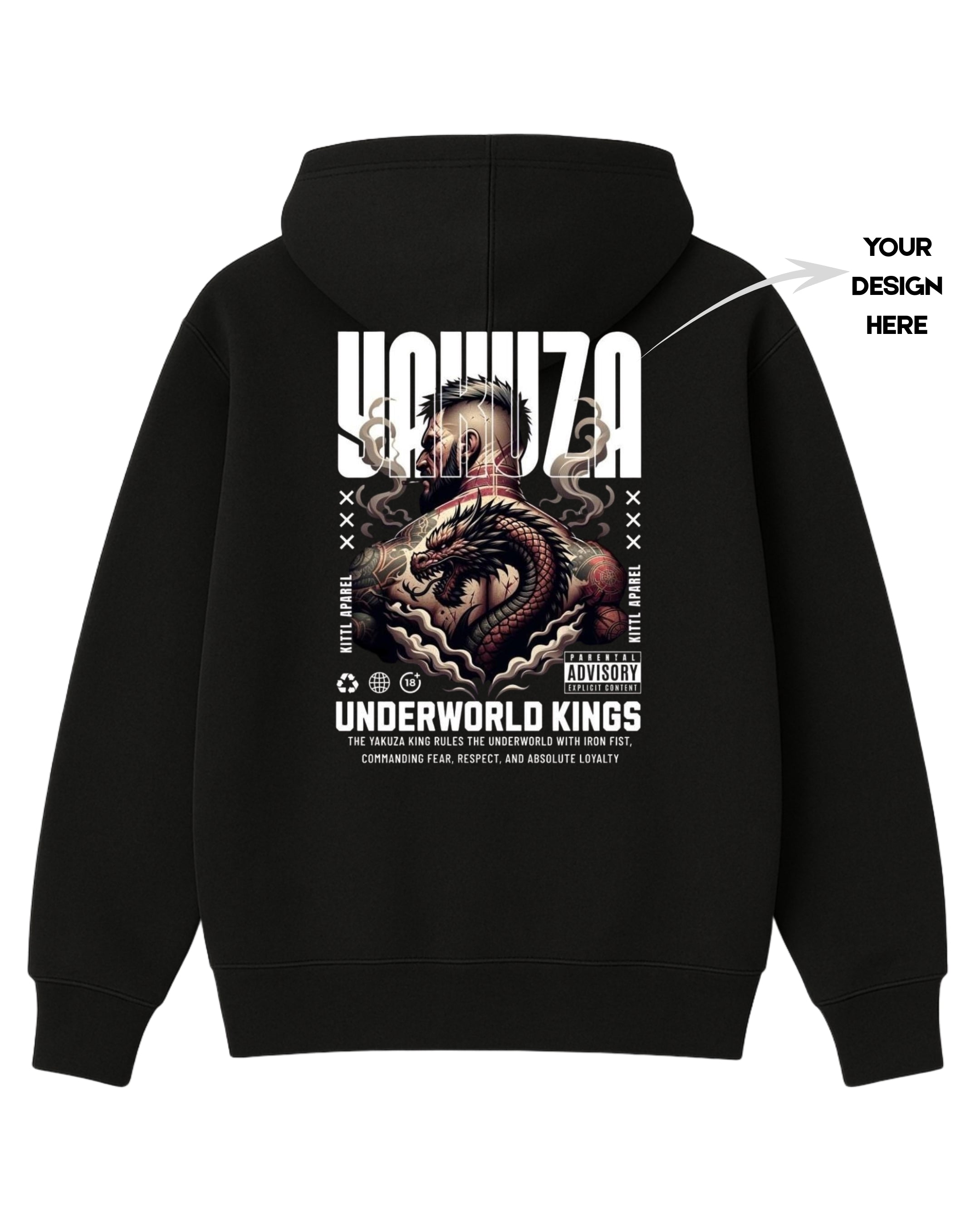 Black hoodie with graphic design on the back, featuring text and a dragon-like creature.