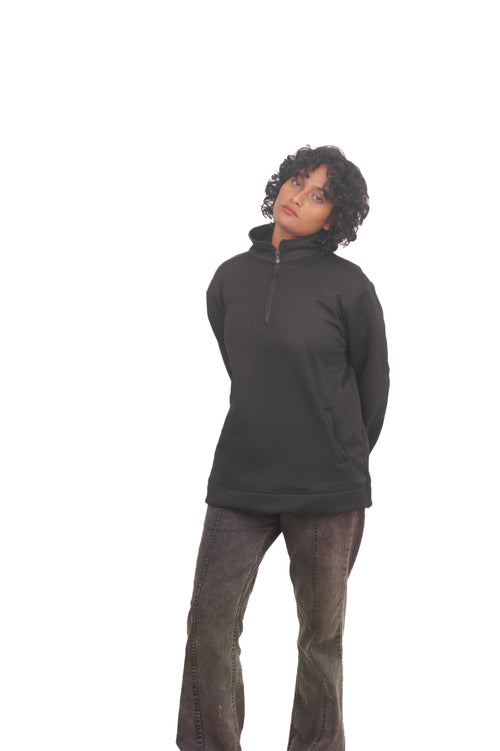 Person wearing a black pullover with a zipper on a white background