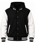 Black and white varsity jacket with a hood on a white background