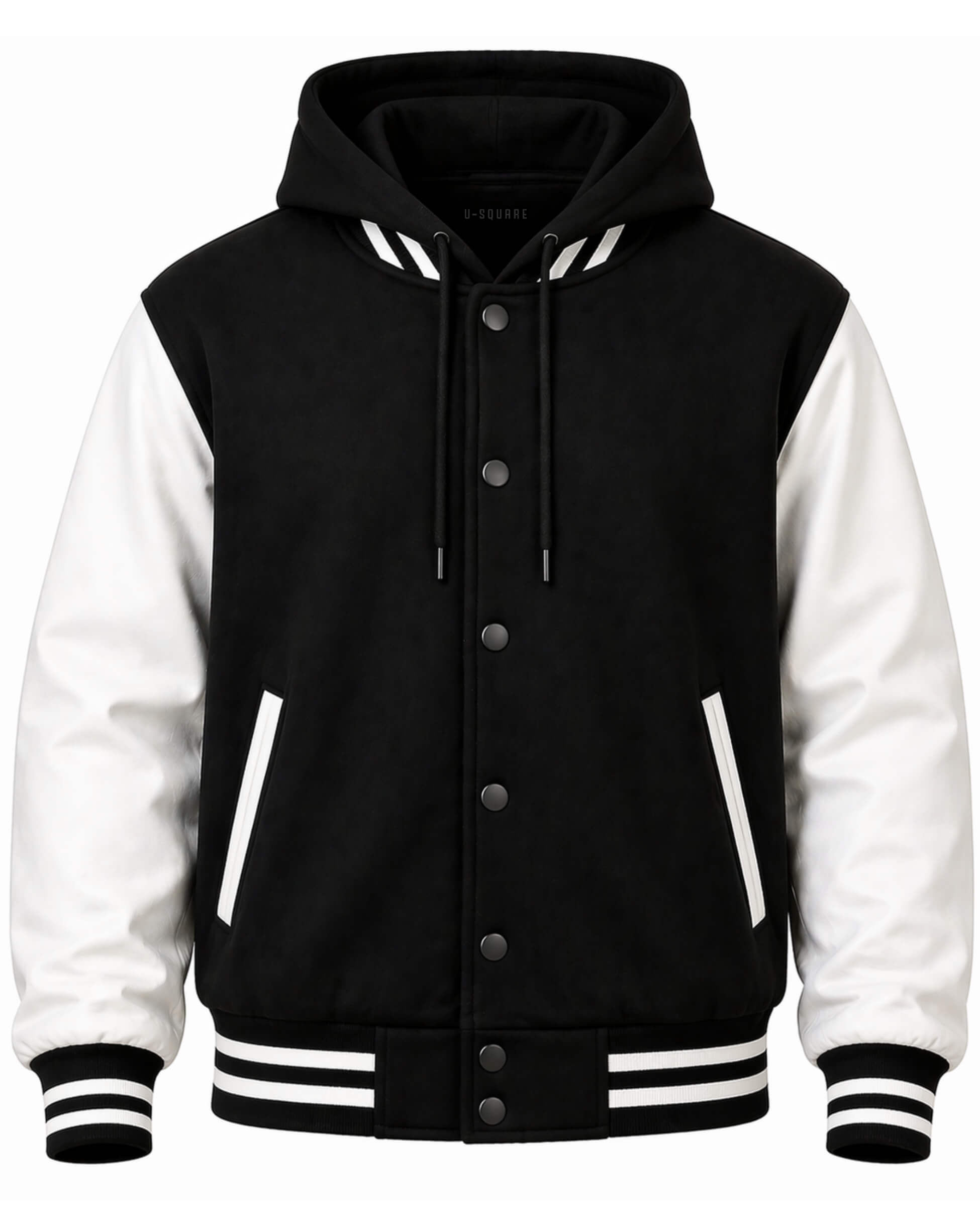 Black and white varsity jacket with a hood on a white background