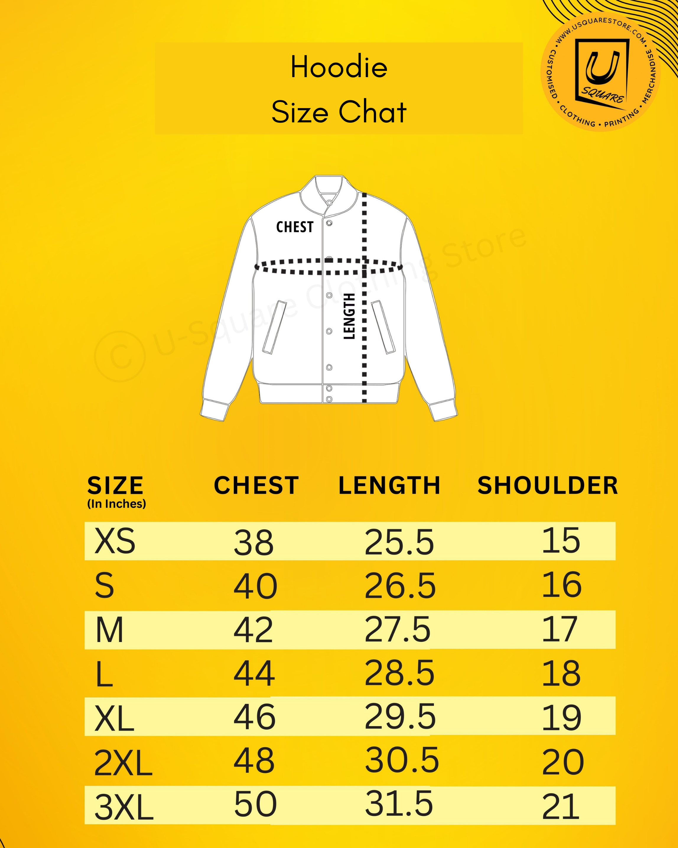 Hoodie size chart with measurements on a yellow background
