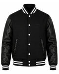Black varsity jacket with leather sleeves on a white background