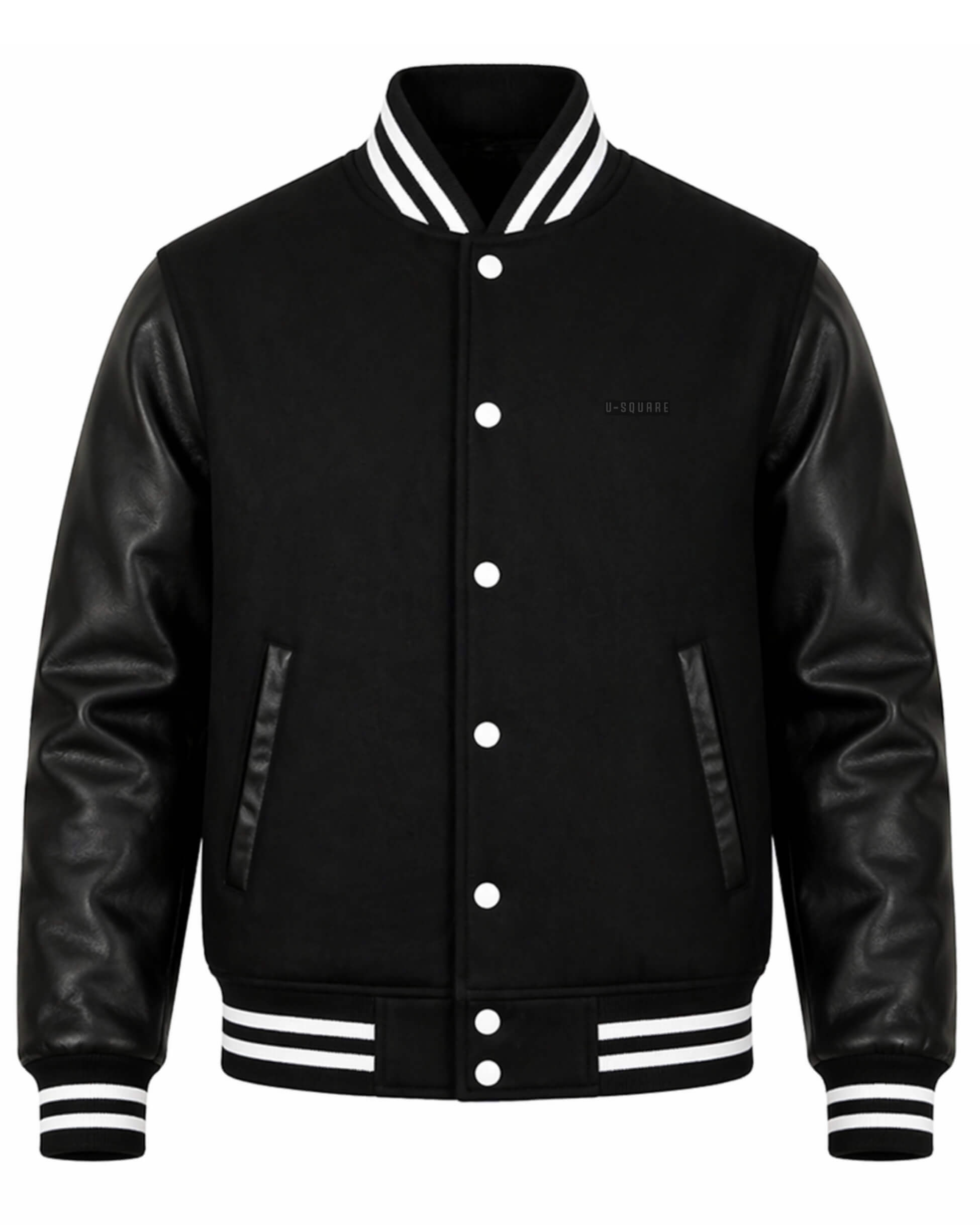 Black varsity jacket with leather sleeves on a white background