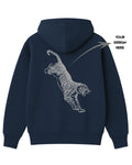 Navy blue hoodie with a tiger design on the back, ready for customization.