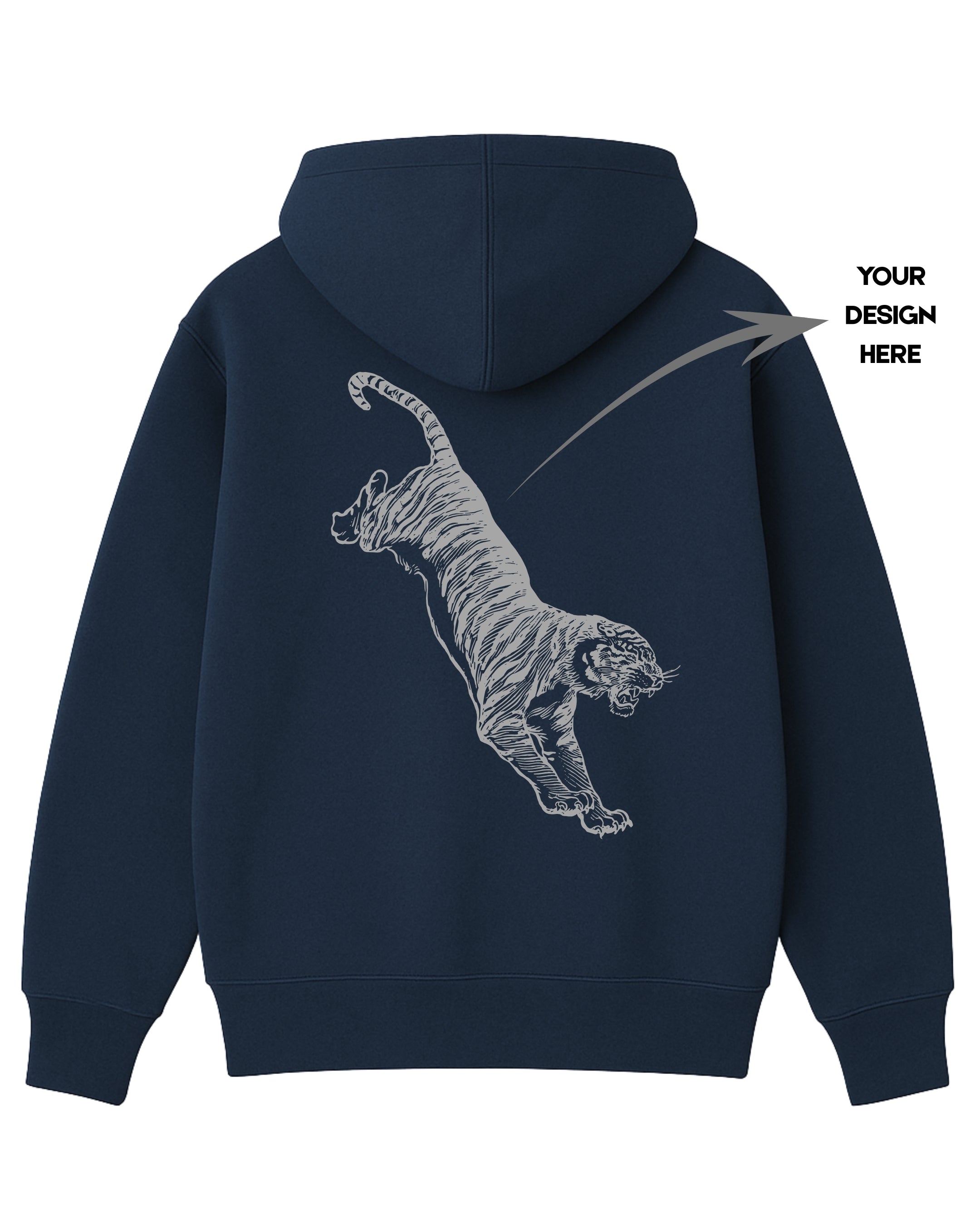 Navy blue hoodie with a tiger design on the back, ready for customization.