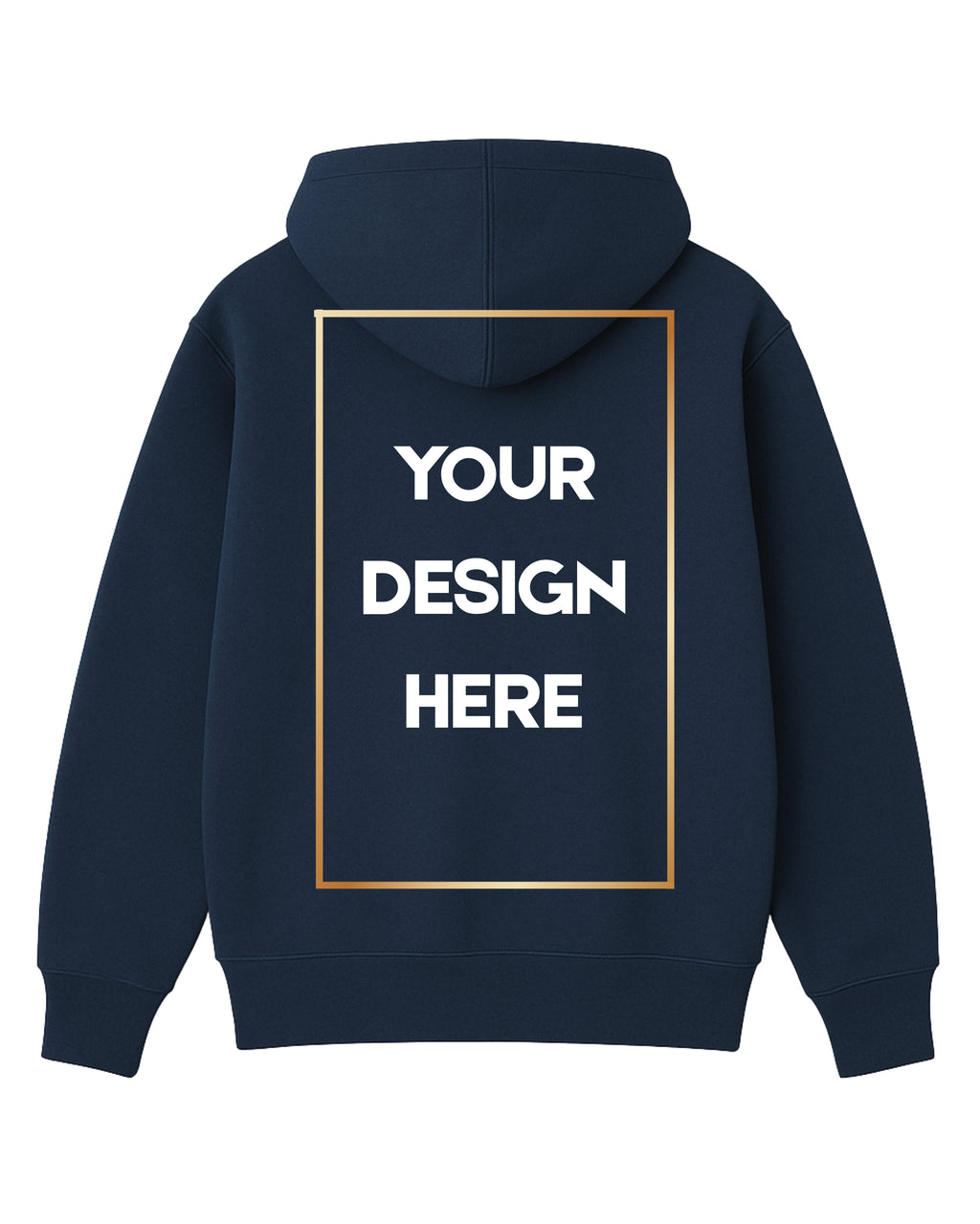 Navy blue hoodie with customizable text area on the back