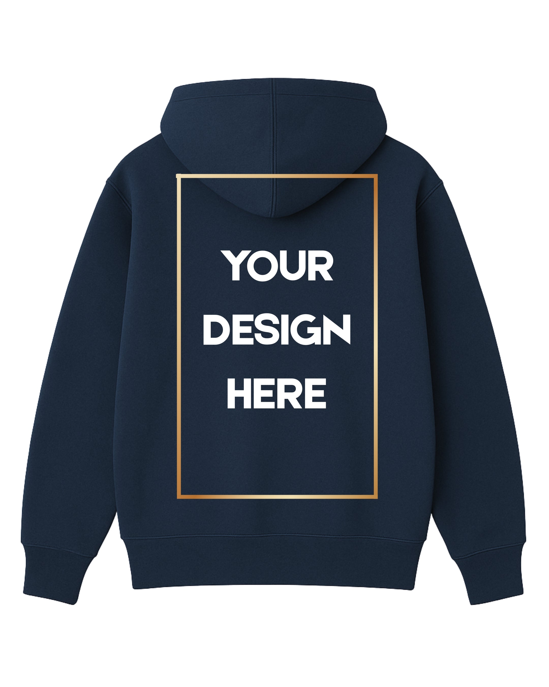 Navy blue hoodie with customizable text area on the back