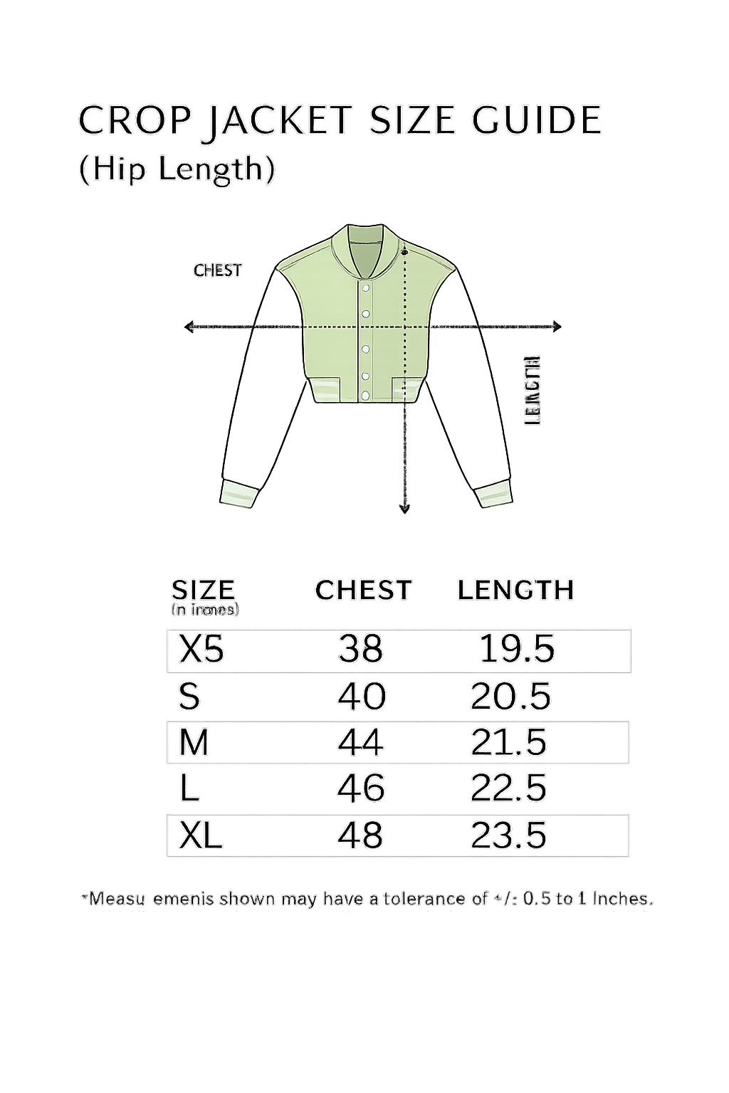 Crop jacket size guide with measurements on a white background