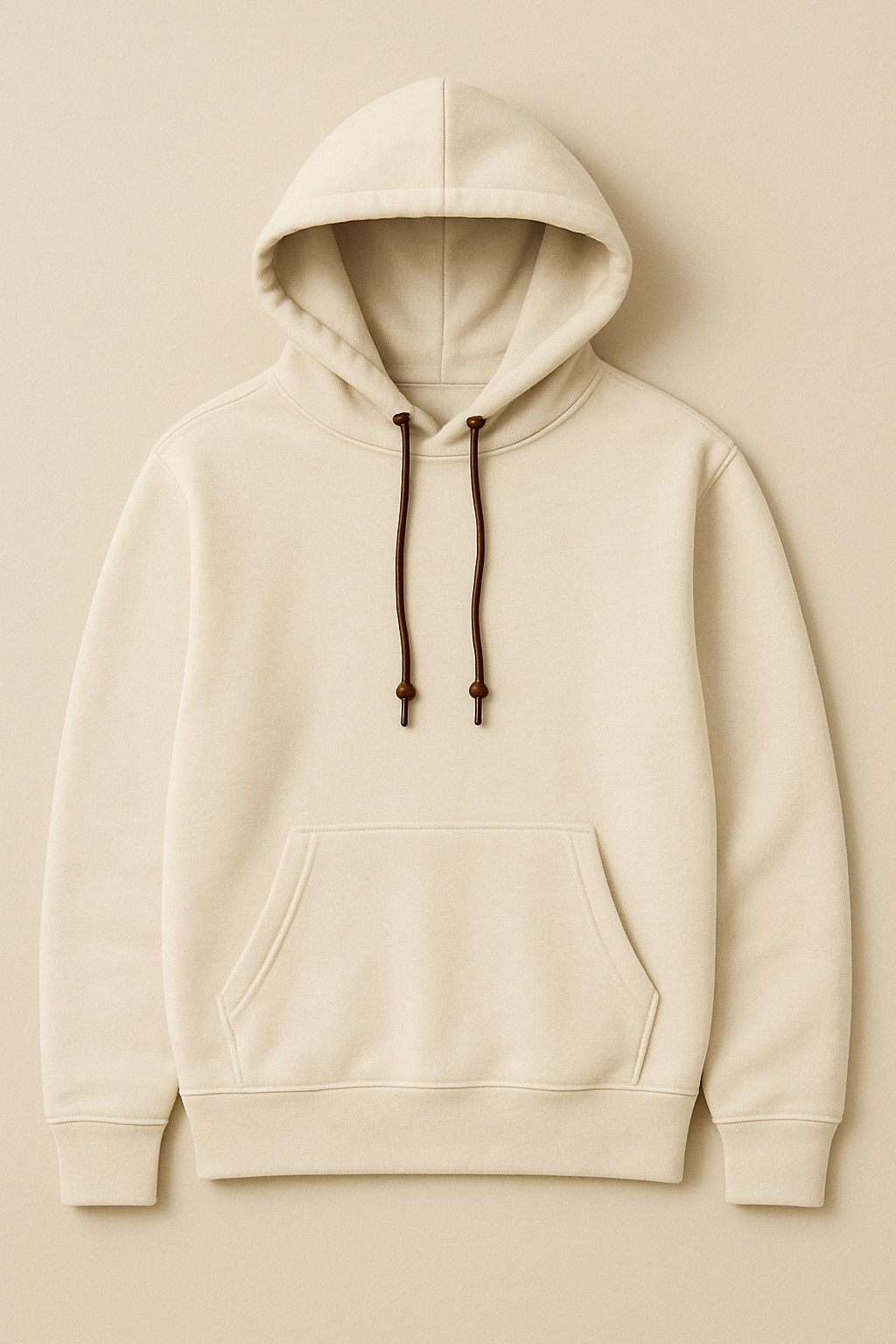 Beige hoodie with brown drawstrings on a beige background
