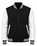 Black and white varsity jacket with striped cuffs and hem on a white background