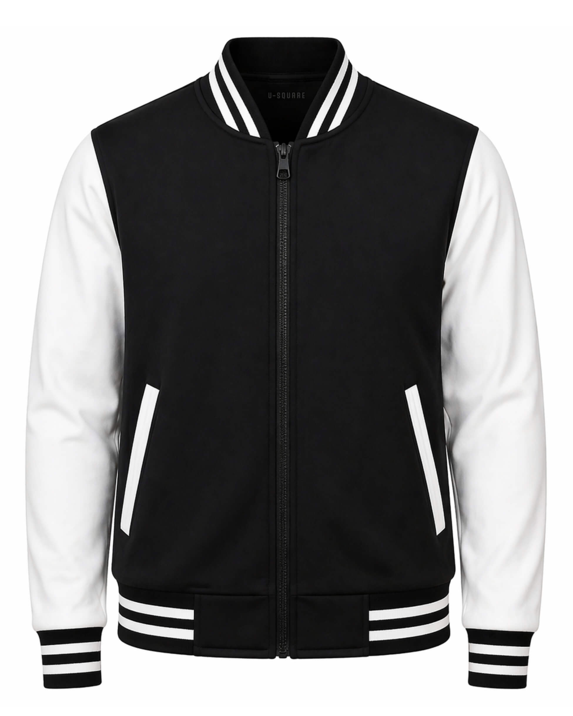 Black and white varsity jacket with striped cuffs and hem on a white background